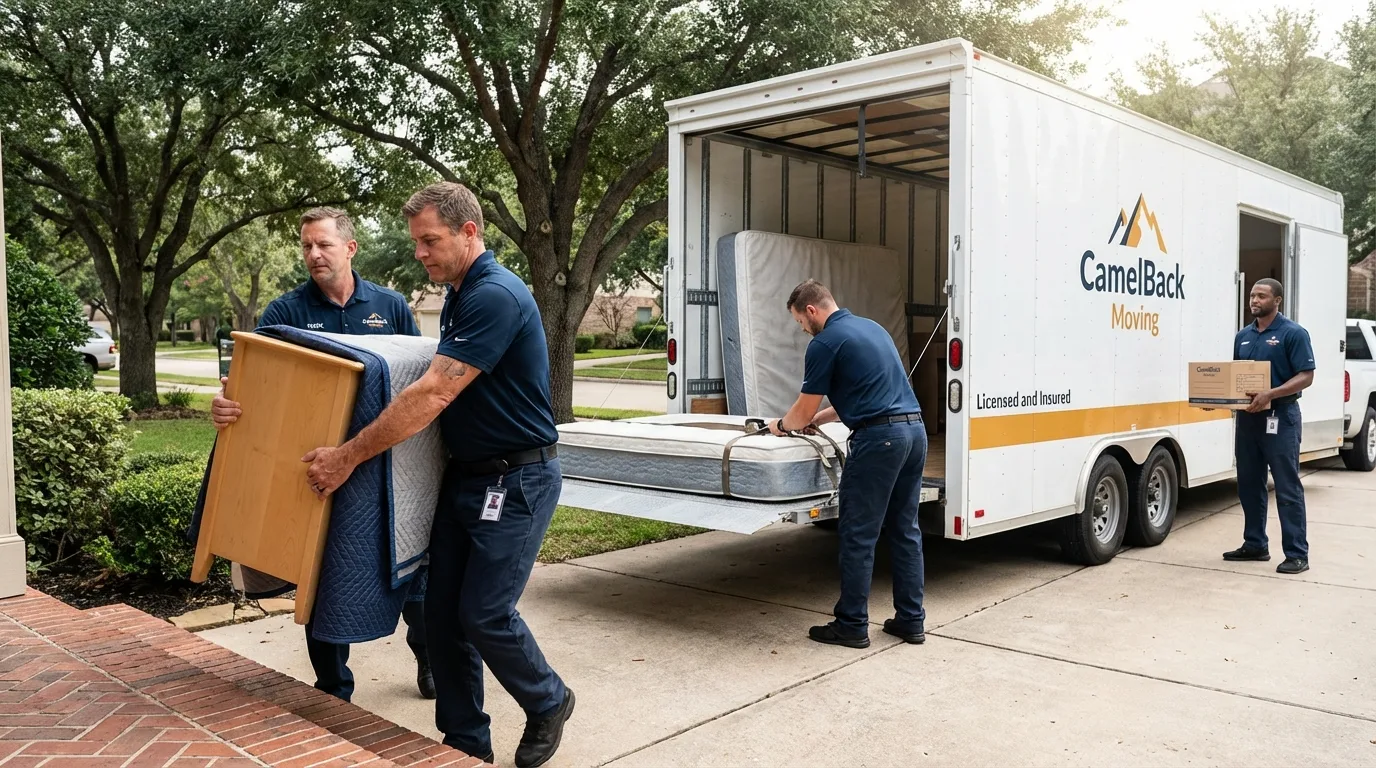 Crew loading residential truck for cross-state move from Columbia, CA