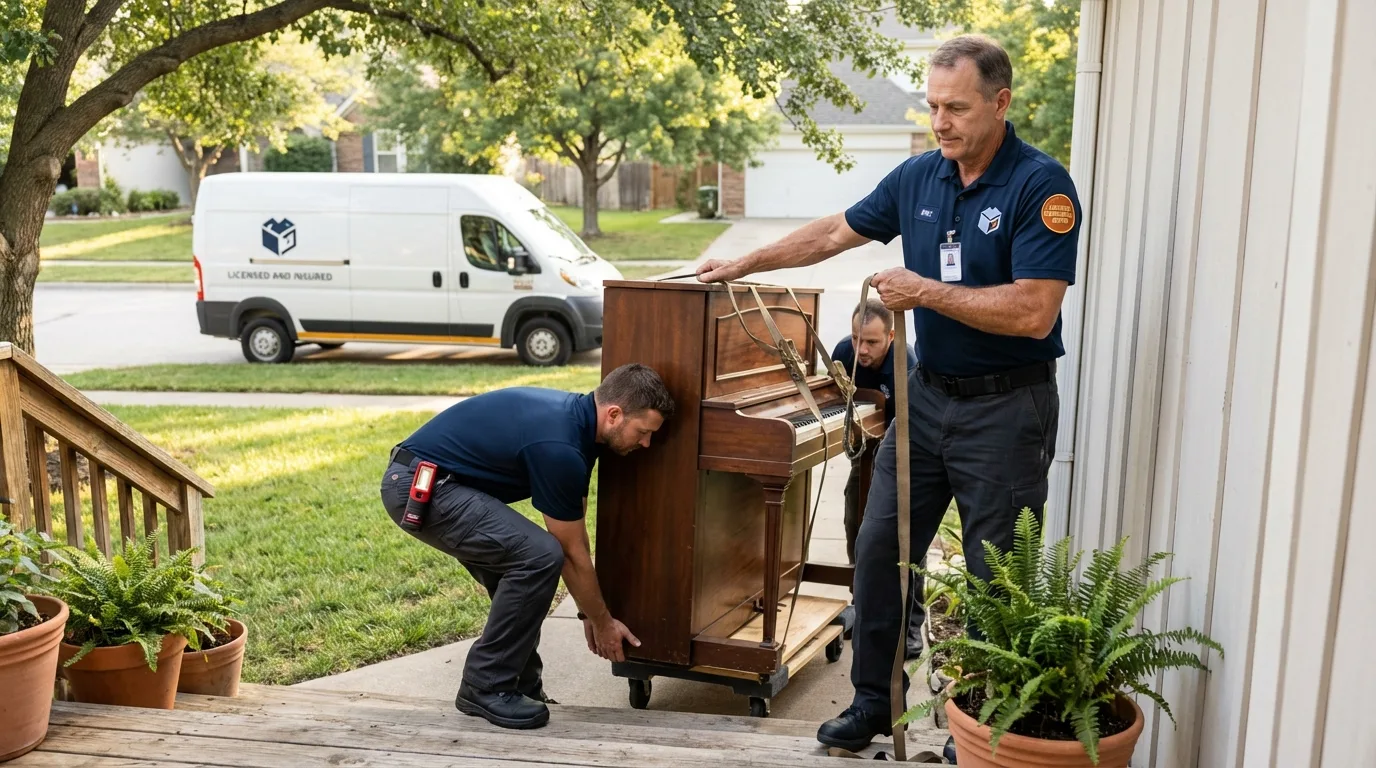 Licensed piano movers securing grand piano in Columbia, CA