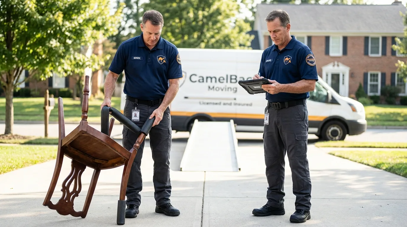 Movers inspecting furniture for damage prevention before loading in Columbia, CA
