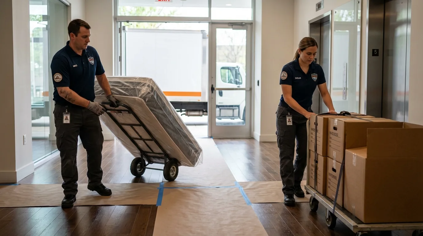 Professional apartment movers loading elevator in Columbia, CA